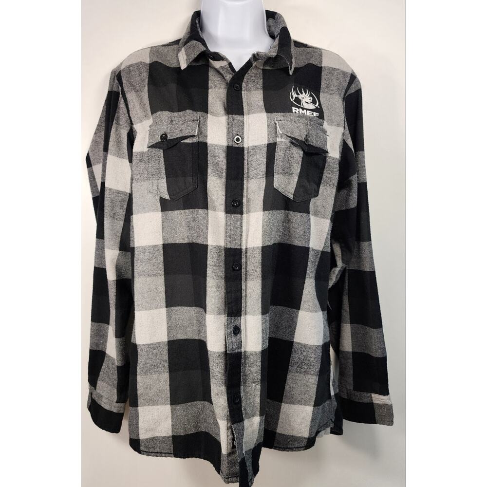 Burnside RMEF Flannel Shirt Black Gray Plaid Button Up Men's M